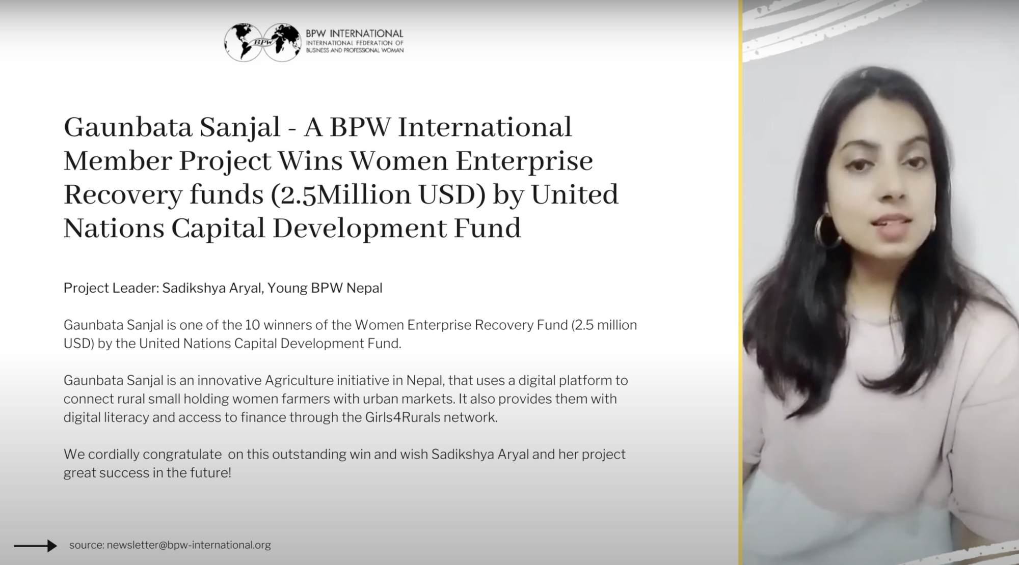 Sadikshya Aryal, Young BPW Nepal - Prize Winning Member Project