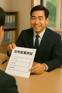 古物営業許可証を見せる男性