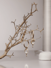 MOKOŠEV luxury jewelry, gold earrings with light crystals displayed on a delicate branch.