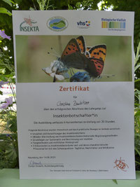 Zertifikat vom Geo-Naturpark Saale-Unstrut-Triasland e.V. über den erfolgreichen Abschluss des Lehrgangs zur Insektenbotschafterin