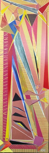 Abstraktes Hochformat-Kunstwerk „BRUJERIA“ von Andreas Alka alias „FLOyD“, 40 x 120 cm, Acryl­lack auf Leinwand, geometrisch-dynamische Komposition mit kräftigen Farben und mystischer Anmutung; inspiriert vom Thema Hexerei und Transformation.