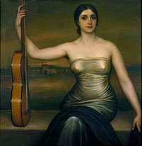 Pintura de Julio Romero de Torres que muestra a una mujer junto a una guitarra española artesana sobre un fondo de paisaje cordobés representando la herencia cultural de los guitarreros en España.