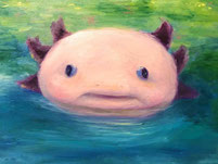 ノリコミシマの描くモネ睡蓮の池にただようウーパールーパー（アホロートル）の油絵、norico mishima’s axolotl oil painting.