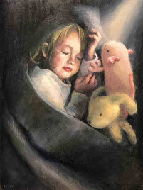ノリコミシマの描くウーパールーパー（アホロートル）のぬいぐるみと眠る少女の油絵、norico mishima’s axolotl oil painting.