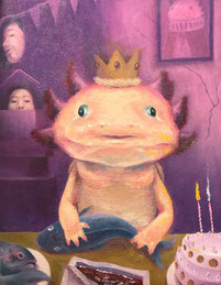 ノリコミシマの描くウーパールーパー（アホロートル）の油絵、norico mishima’s axolotl oil painting.