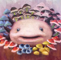 ノリコミシマの描くキノコにまみれたウーパールーパー（アホロートル）の油絵、norico mishima’s axolotl oil painting.