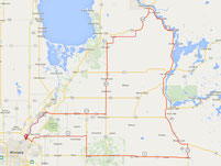 Route map for the Great Falls 300. A long-distance cycling brevet of the Manitoba Randonneurs.
