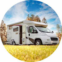 Weißes Wohnmobil auf Wiese 2025