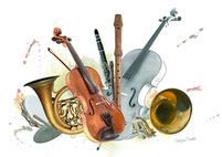 Instrumente Gruppenbild, Geige, Horn, Blockflöte Cello Klarinette