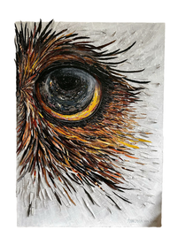 Grote mixed media bosuil van 1,40 x 1 meter, met bruine en gele tinten. Een indrukwekkend kunstwerk.