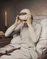 Illistration von Anna Katharina Emmerick in ihrem Bett unter Schmerzen mit Kerze und Kruzifix