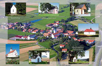 Auf dieser Collage sind neben der Ortsansicht von Ast mit der Pfarrkirche „Mariä Himmelfahrt“ auch einige Kapellen und die Biberbacher Expositurkirche zu sehen.