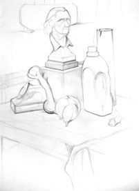 Zeichnung Bleistift Bleistiftzeichnung Stillleben Stilleben mit Schillerbüste Büste Telefon Würfel Vase Plastikkürbisse Faltenwurf suchende suchender Strich leichte Schatten zeichnen lernen in Hamburg Enno Franzius Kunstblog