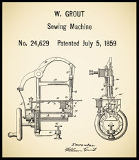 Detailed 1859 patent illustration of the W. Grout Sewing Machine, number 24,629, showing a side and frontal technical drawing with labeled components, designed by inventor William Grout.