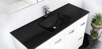 MAMBO BLACK tempered glass basin tops.  Available in 600, 750, 900, 1200, 1500mm