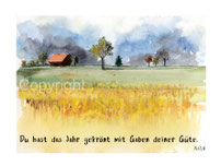 christliche Karten Korn Haus Landschaft Ernte du hast das Land gekrönt mit deiner Güte