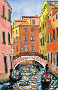 Two Gondoliers on colourful Venice canals