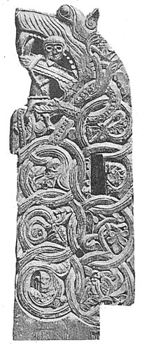 Stuhl aus der Seitenstück einer Bank aus der Kirche zu Thorpe in Hallingdal, jetzt in der Sammlung der Unsiverität in Christiania.