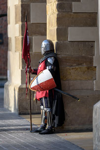 Personnage avec une armure, un casque et un bouclier qui attend seul dans la rue.