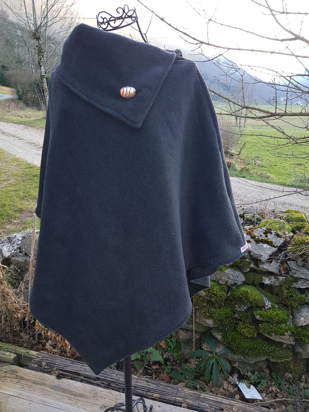 P'tit Poncho Grand col "Sobre et simple" (Anthracite & perle bonbon orange)