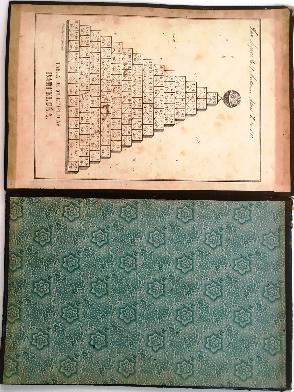 El interior de la carpeta contiene la lámina con la curiosa y original Tabla de Multiplicar, con la anotación  "José Arqués. Calle San Antonio Abad, Portal 10, Piso 1º"