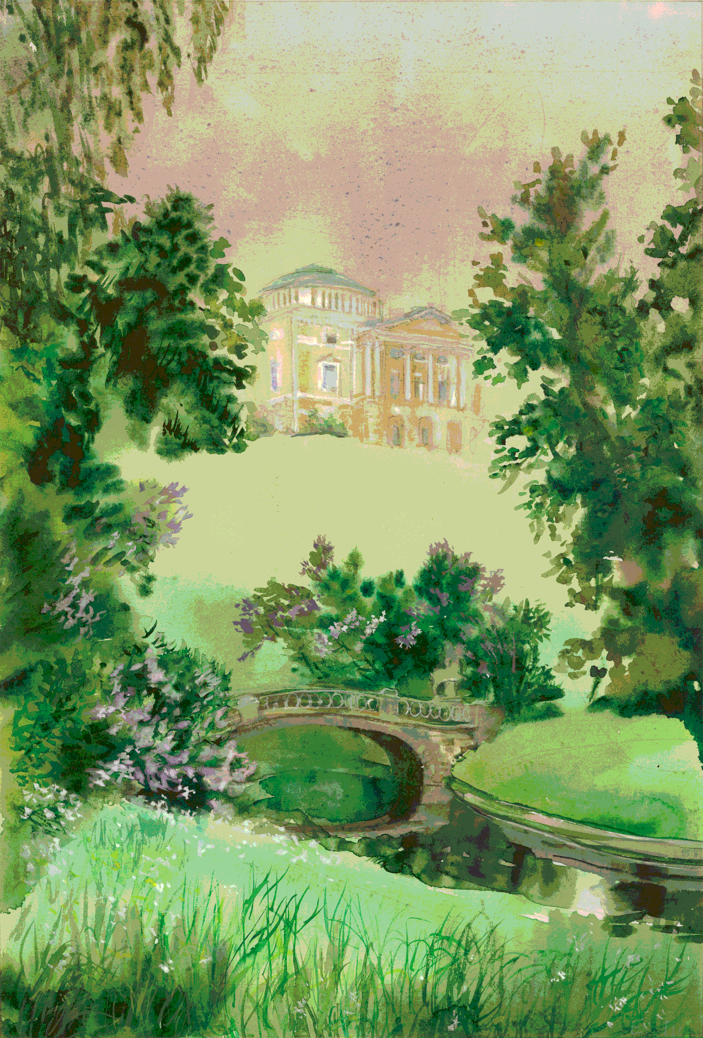 Blick auf den Palast und die Zentaueren-Brücke in Pavlovsk. 2004. Papier, Aquarell.