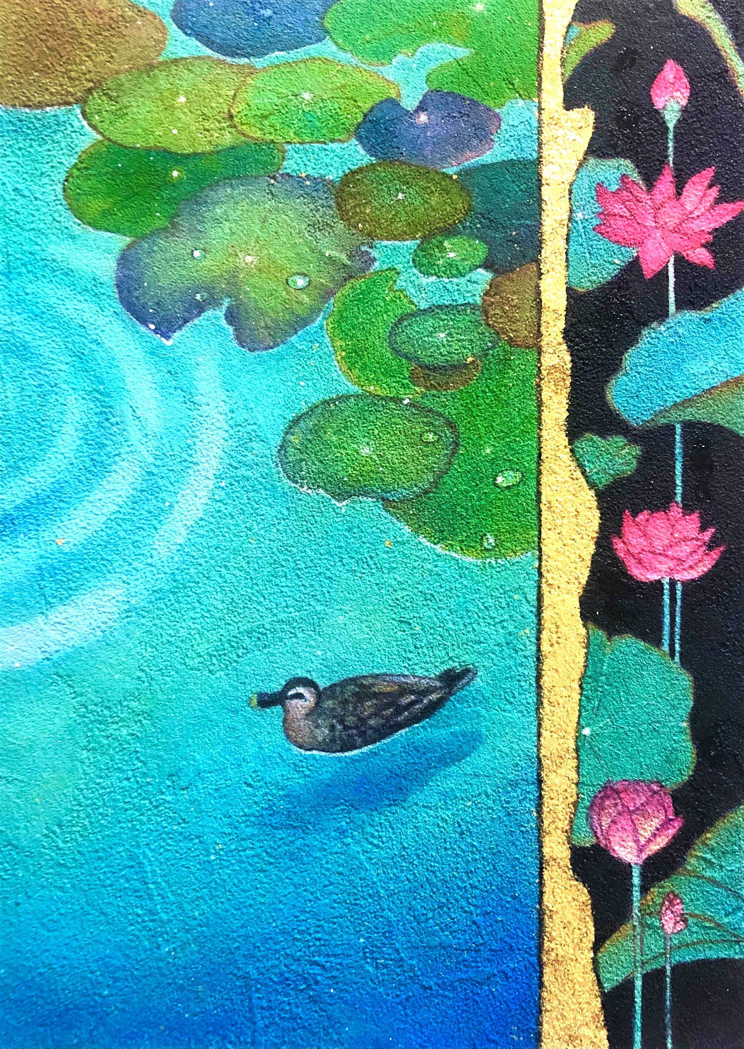  「久遠の庭　蓮の池-蒼」　雲母壁面画　 SM号