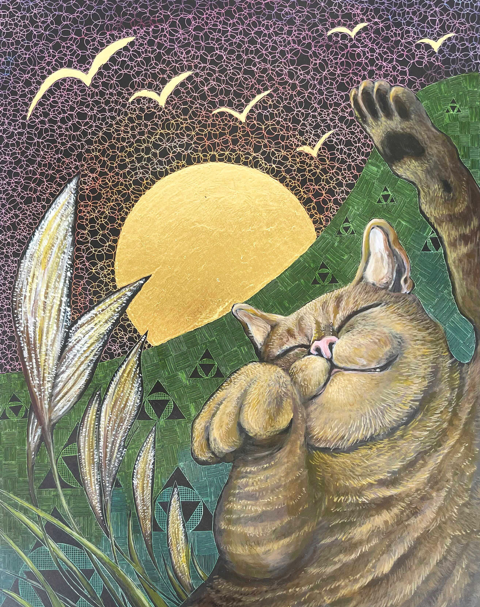 「良い酔い猫〜秋は夕暮れ」　スクラッチ,箔 　240×190mm