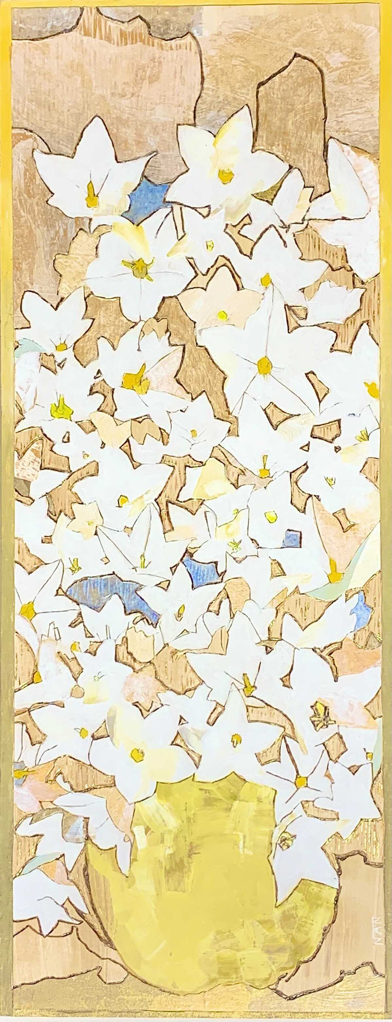 「白いキキョウ」　板絵 　510×200mm