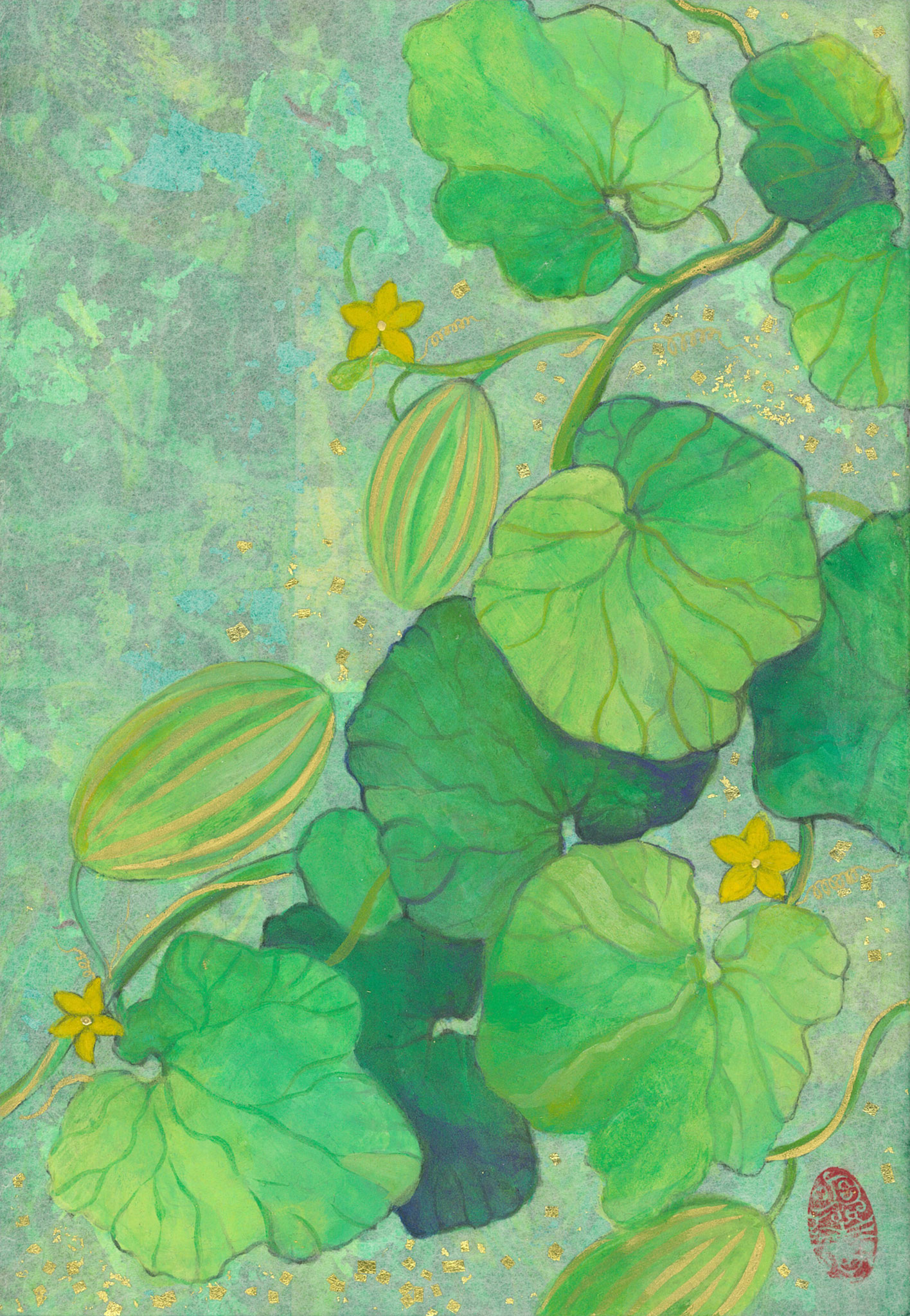  「 真桑瓜-花巡り-」細川和紙 岩絵具 純金泥   純金箔 SM