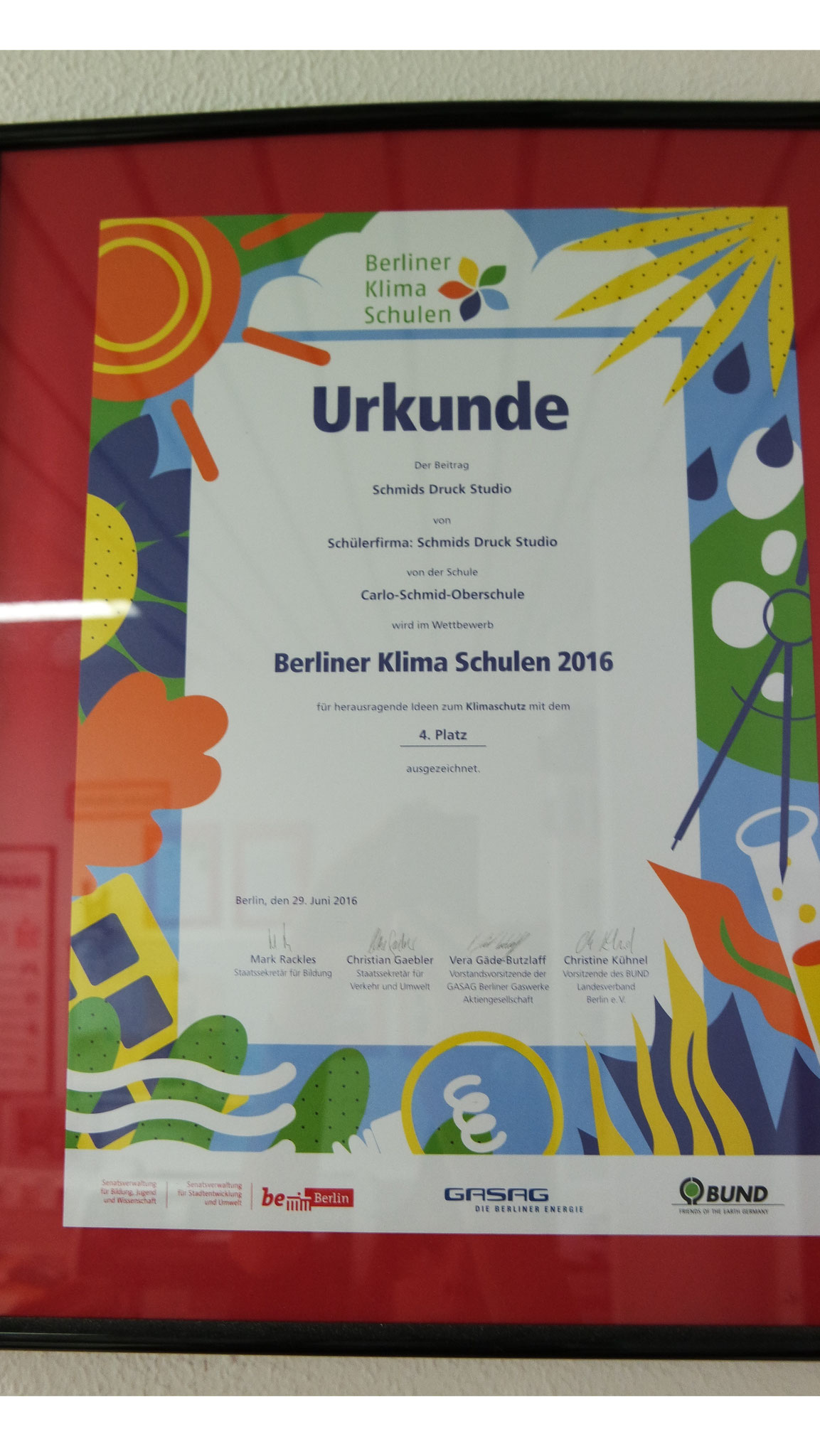 2016: 4. Platz bei "Berliner Klima Schule"