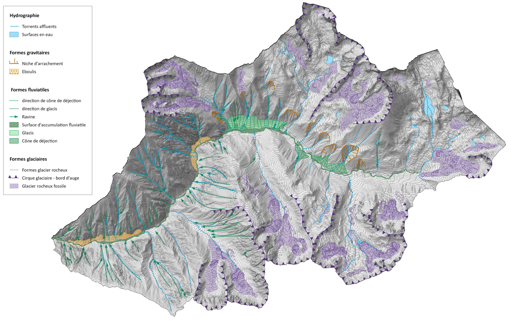 Cartographie géomorphologique (ici : Vallon de Mollières post-tempête Alex - Parc National du Mercantour - 2021 )