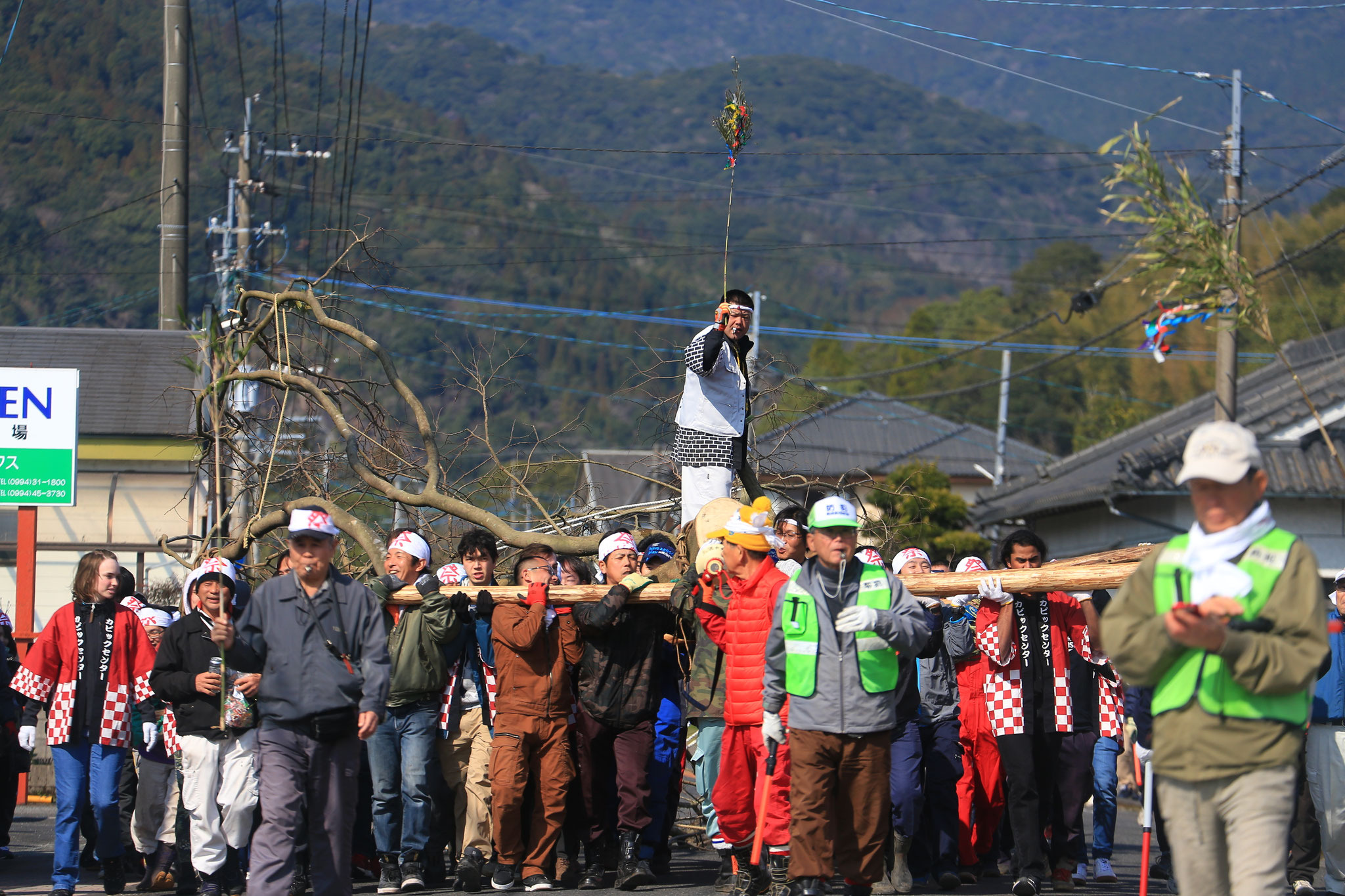 鈎引き祭りで使われる木を、大勢で担いで運んで行きます。(2/17 鹿屋市上高隈町)