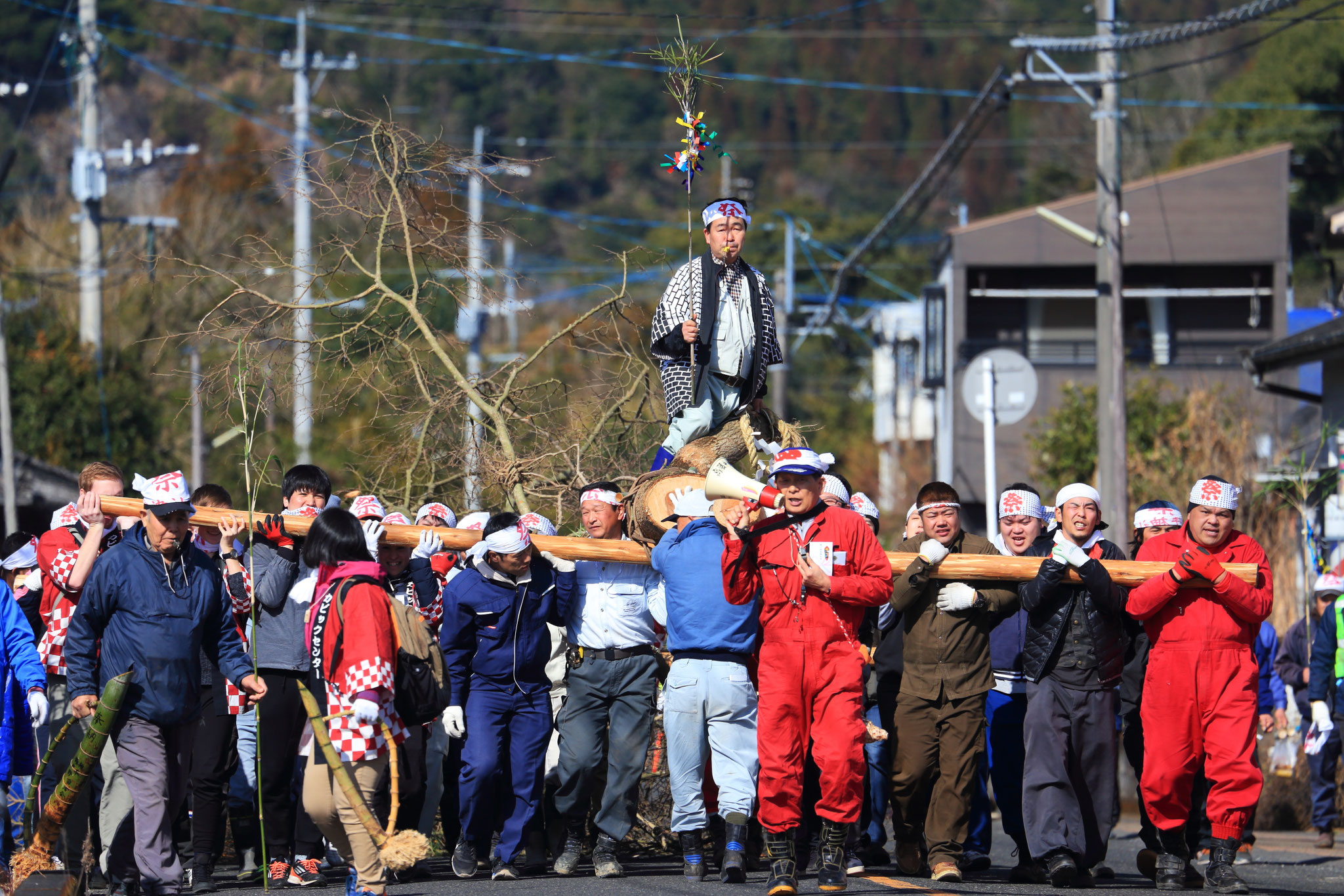 山から切り出した木を皆で担いで運んで行く(2/18 鹿屋市高隈地区)