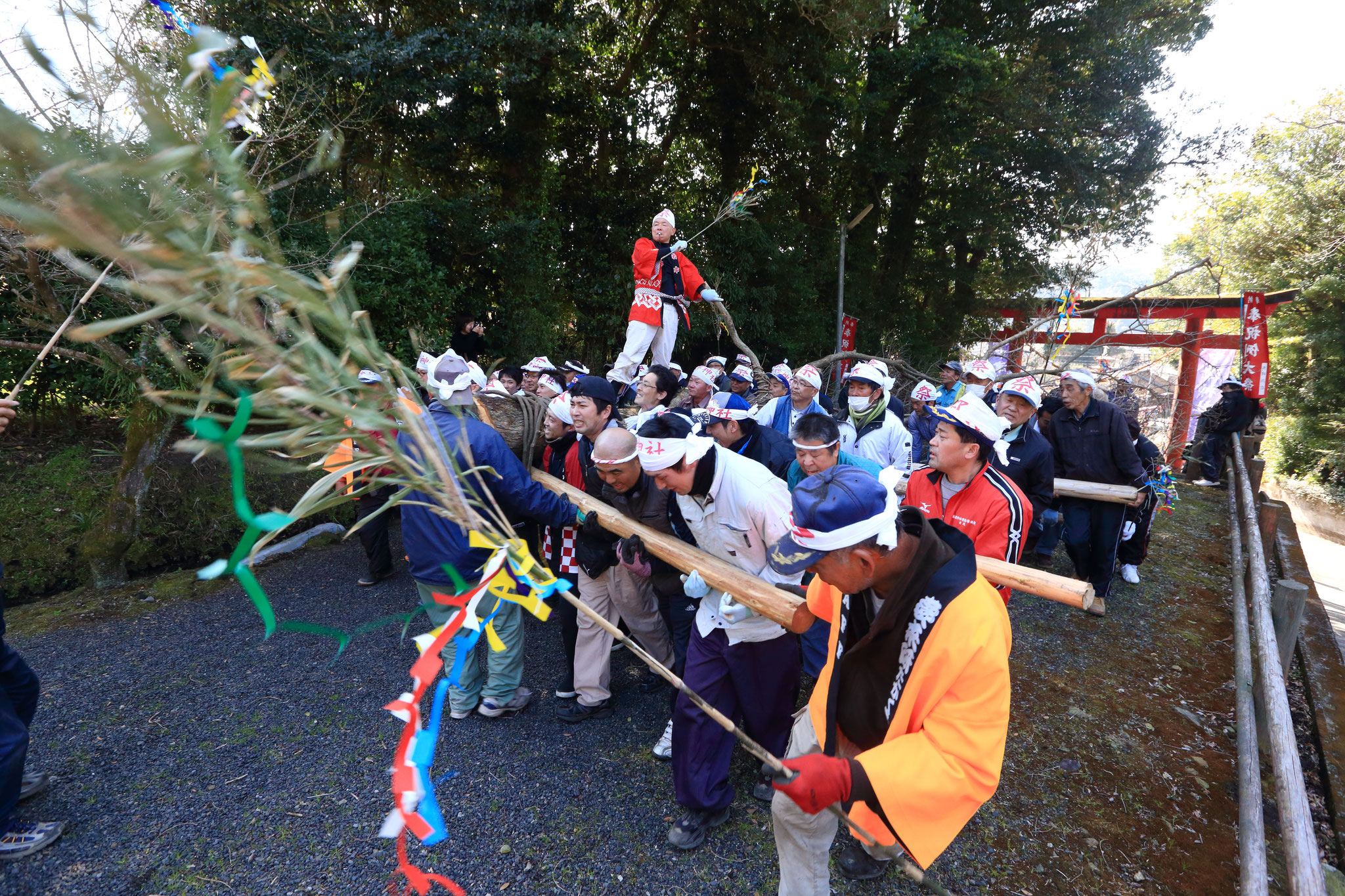 中津神社へと切り出した木を運んで行く(2/18 鹿屋市中津神社)