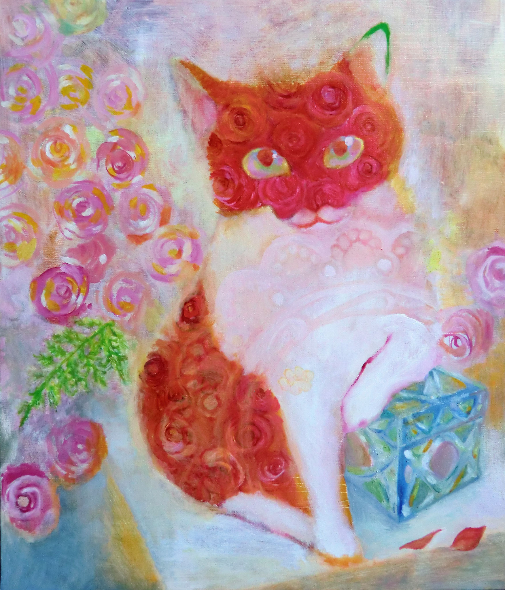 「薔薇猫は宝石箱を守る」　油彩・F１０号　社会人
