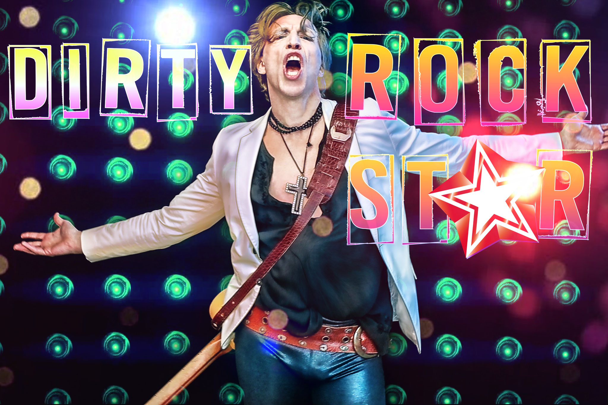 Ottaviano Blitch, Italian actor, singer and performer, live music performance for the project Dirty Rockstar with colorful stage lights, attore cantante performer italiano performance dal vivo Dirty Rockstar