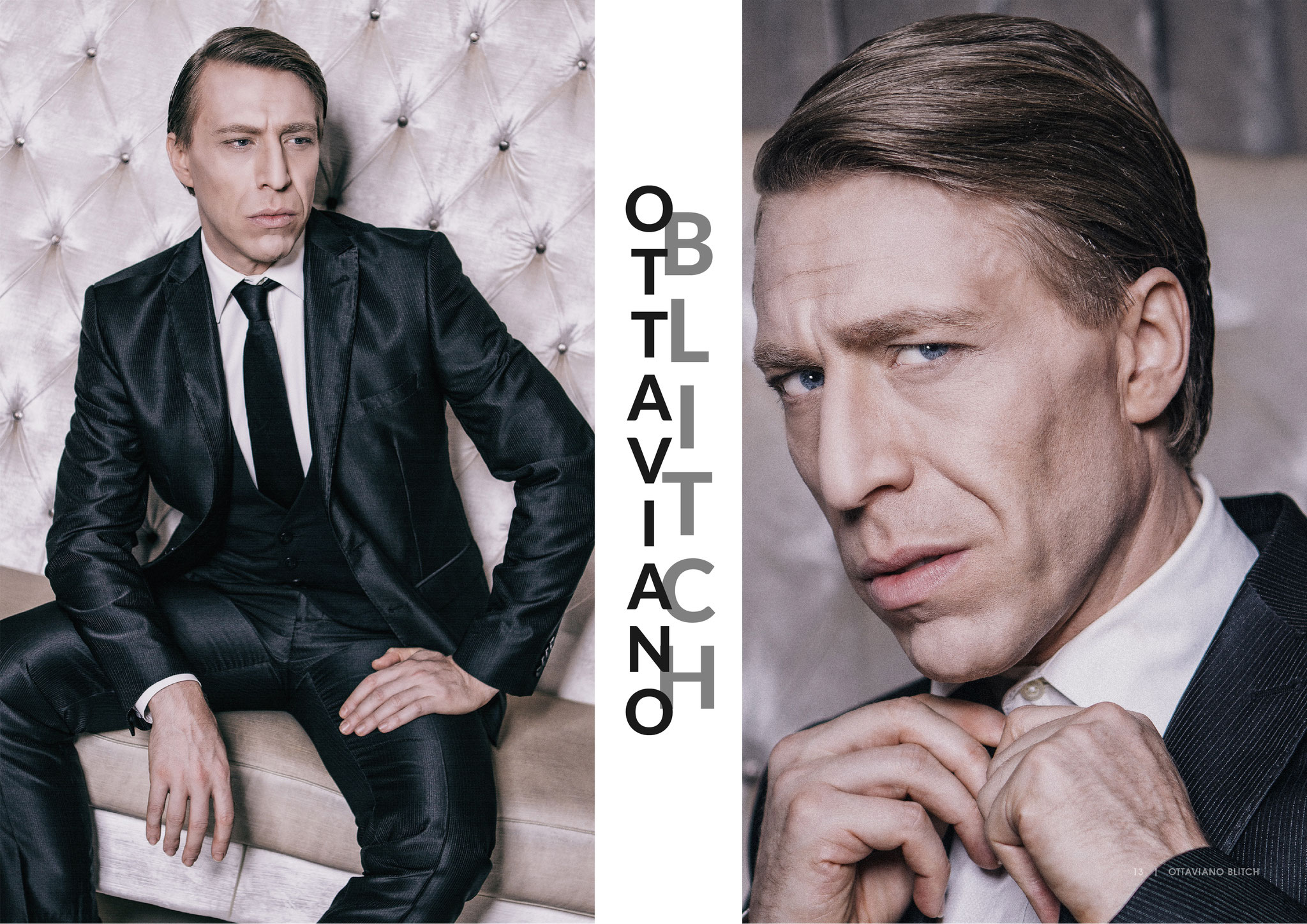 Ottaviano Blitch, actor and performer, elegant editorial double portrait composite in a dark suit, attore performer ritratto elegante editoriale