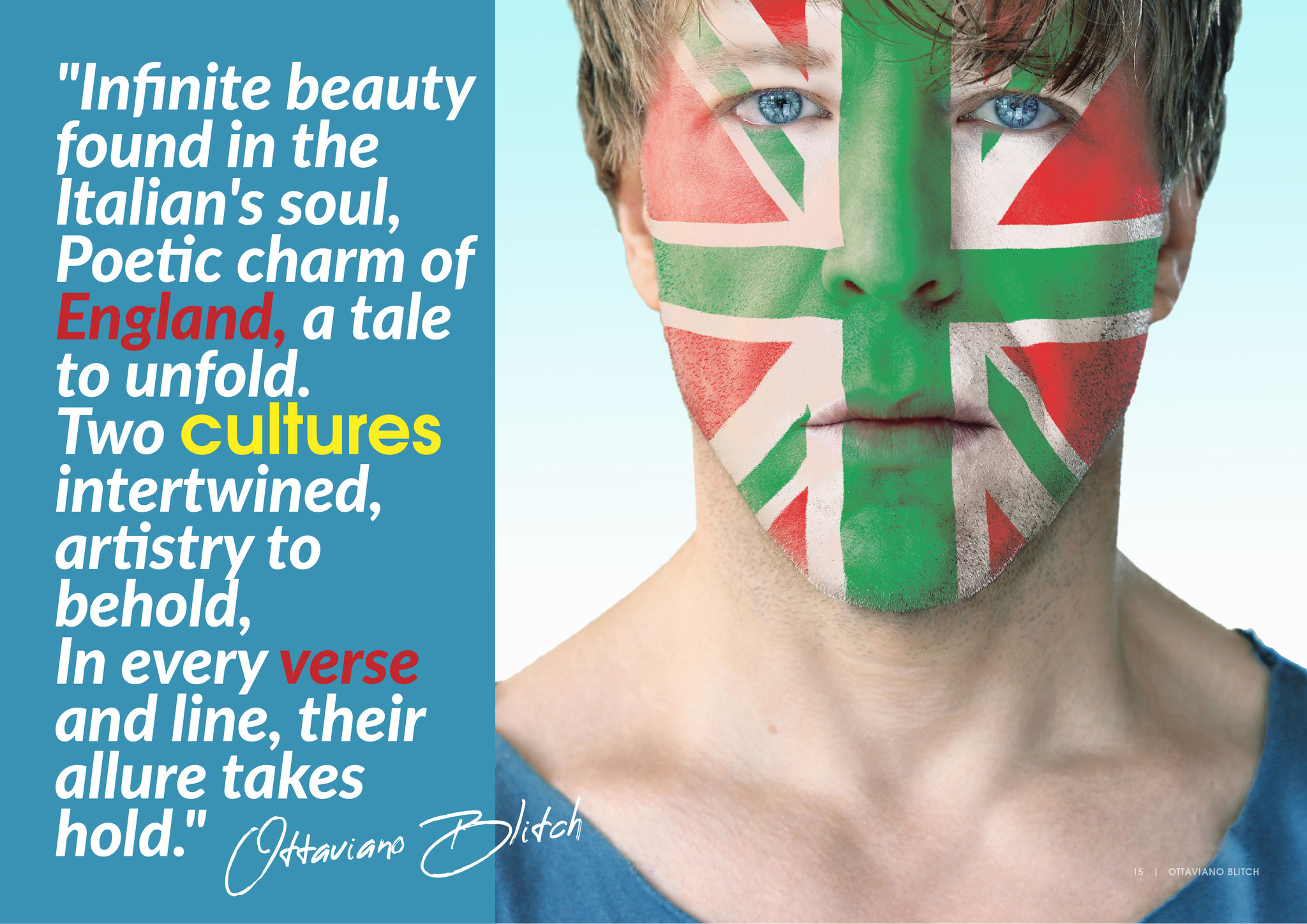 Ottaviano Blitch, actor and performer, artistic conceptual portrait with British and Italian flags painted on his face, attore performer ritratto artistico concettuale