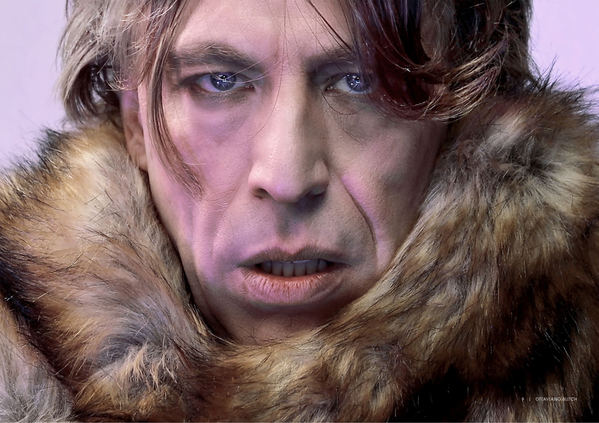 Ottaviano Blitch, actor, singer and performer, dramatic glam David Bowie tribute portrait with fur collar, attore cantante performer omaggio Bowie