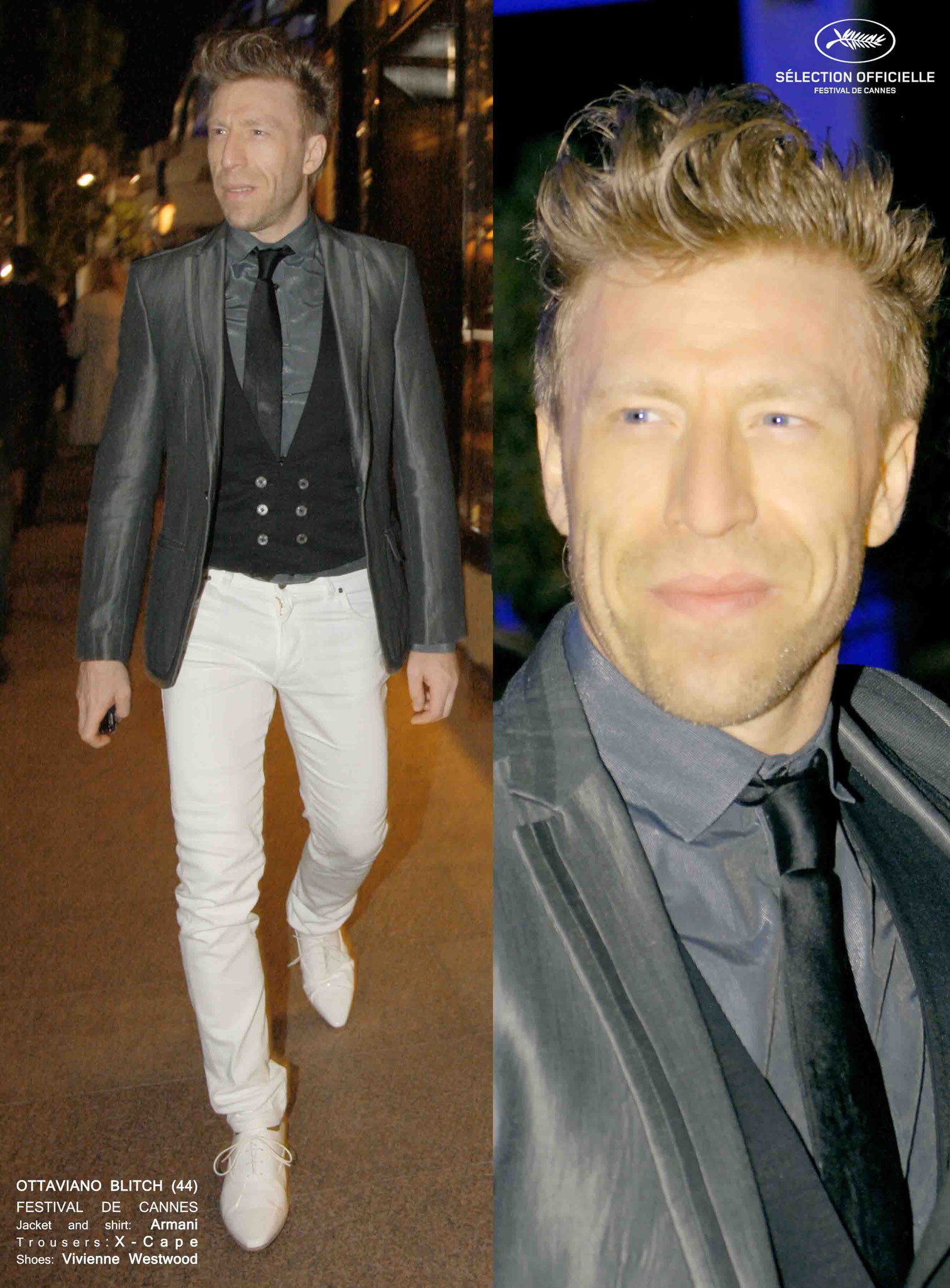 Ottaviano Blitch, Italian actor and performer, editorial fashion diptych with full-length dark look and close-up portrait, attore performer italiano dittico Festival de Cannes Croisette editoriale