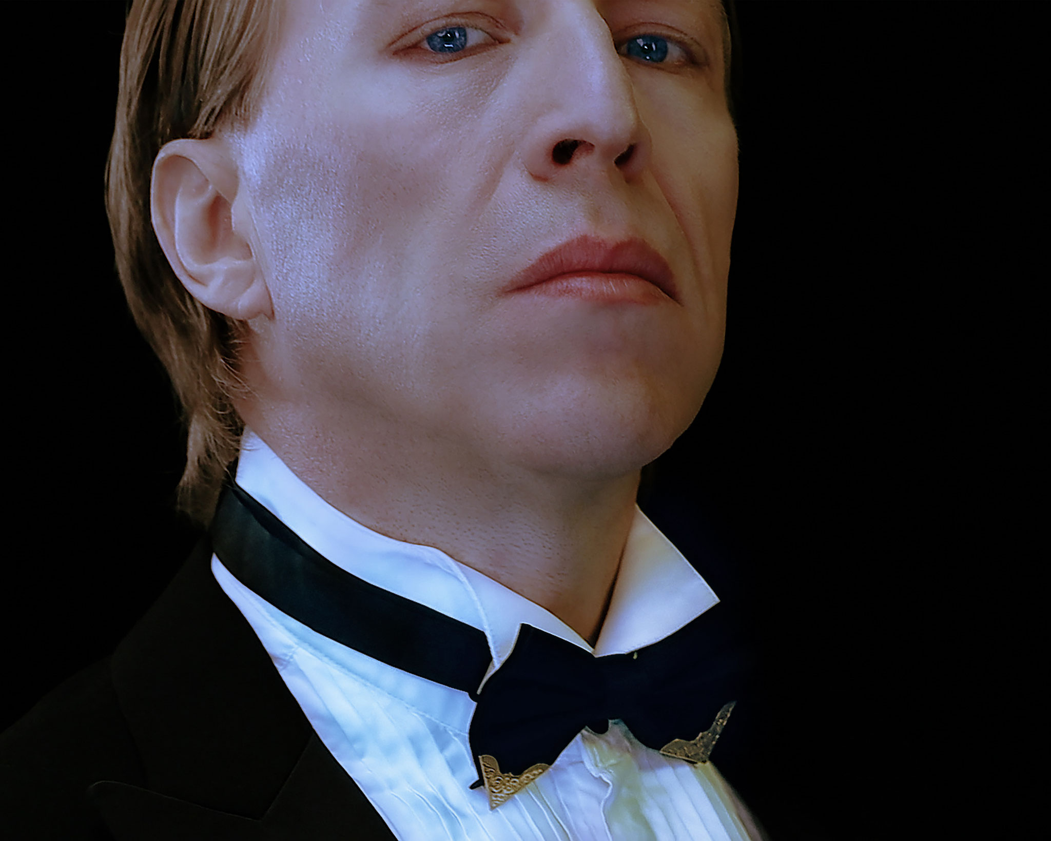 Ottaviano Blitch, Italian actor and performer, elegant close-up portrait in tuxedo and bow tie, attore performer italiano ritratto elegante smoking