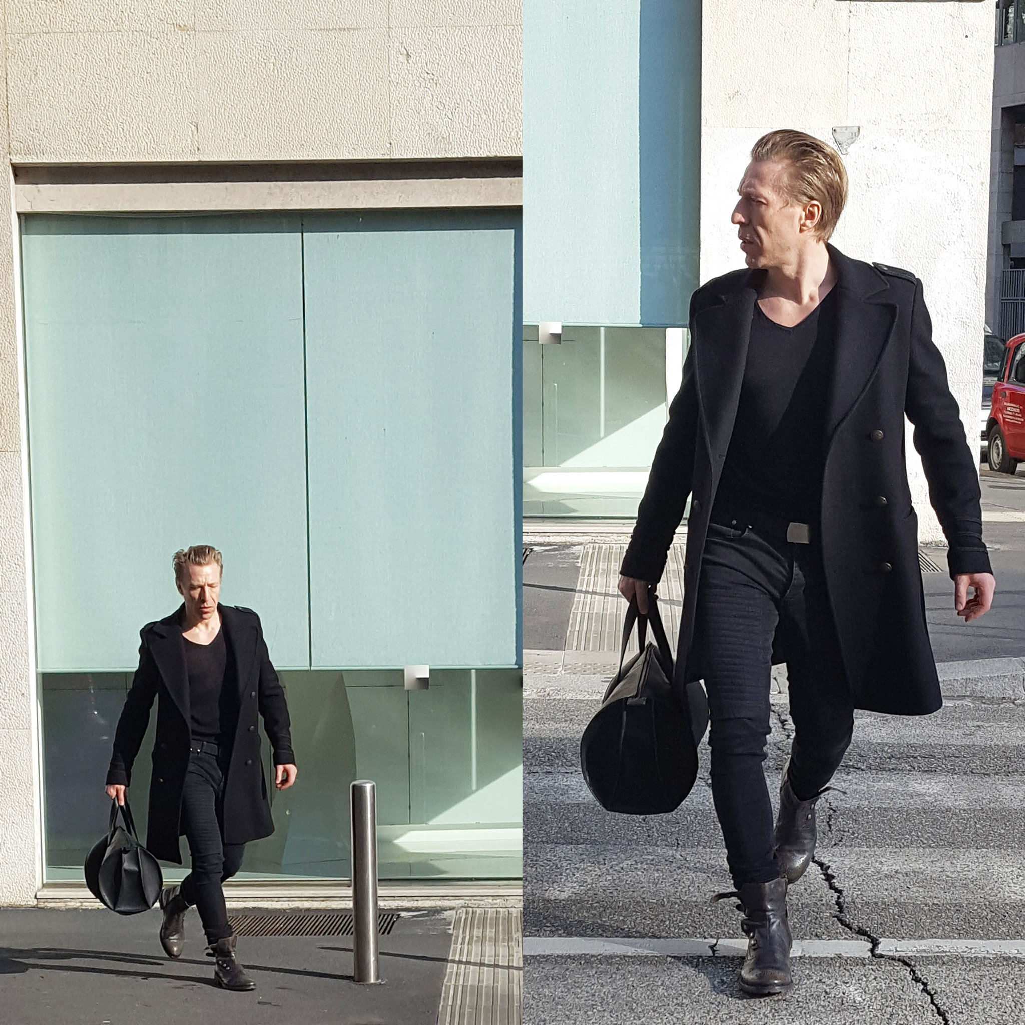 Ottaviano Blitch, Italian actor and performer, editorial fashion portrait in a dark coat in a minimal architectural setting, attore performer italiano servizio moda editoriale