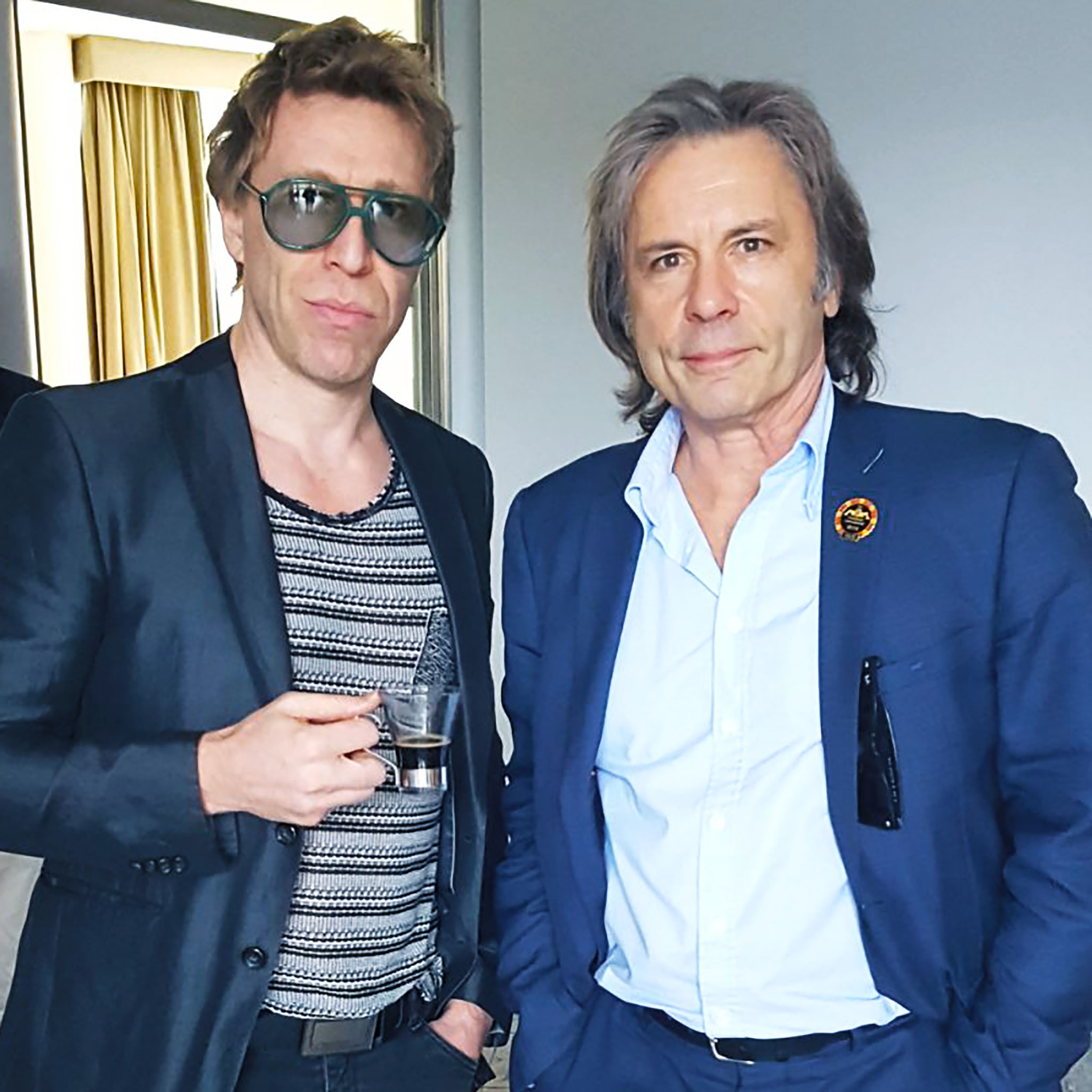 Ottaviano Blitch, Italian actor and performer, with Bruce Dickinson of Iron Maiden, portrait in blue tones, attore performer italiano con Bruce Dickinson Iron Maiden