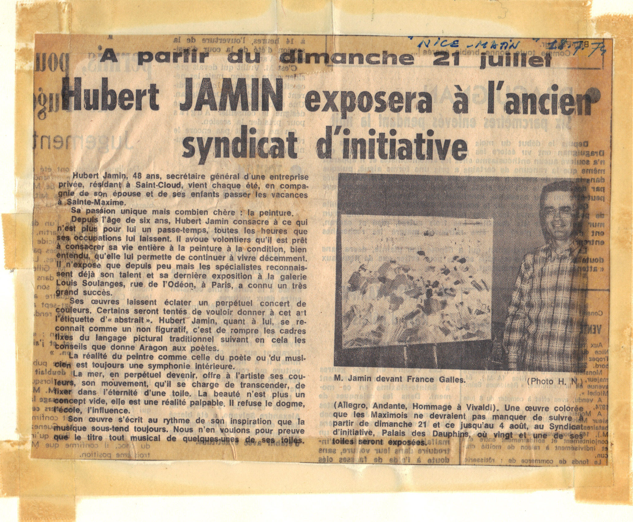 Galerie d'Art de Sainte Maxime Extrait de Nice Matin du 18 juillet 1974
