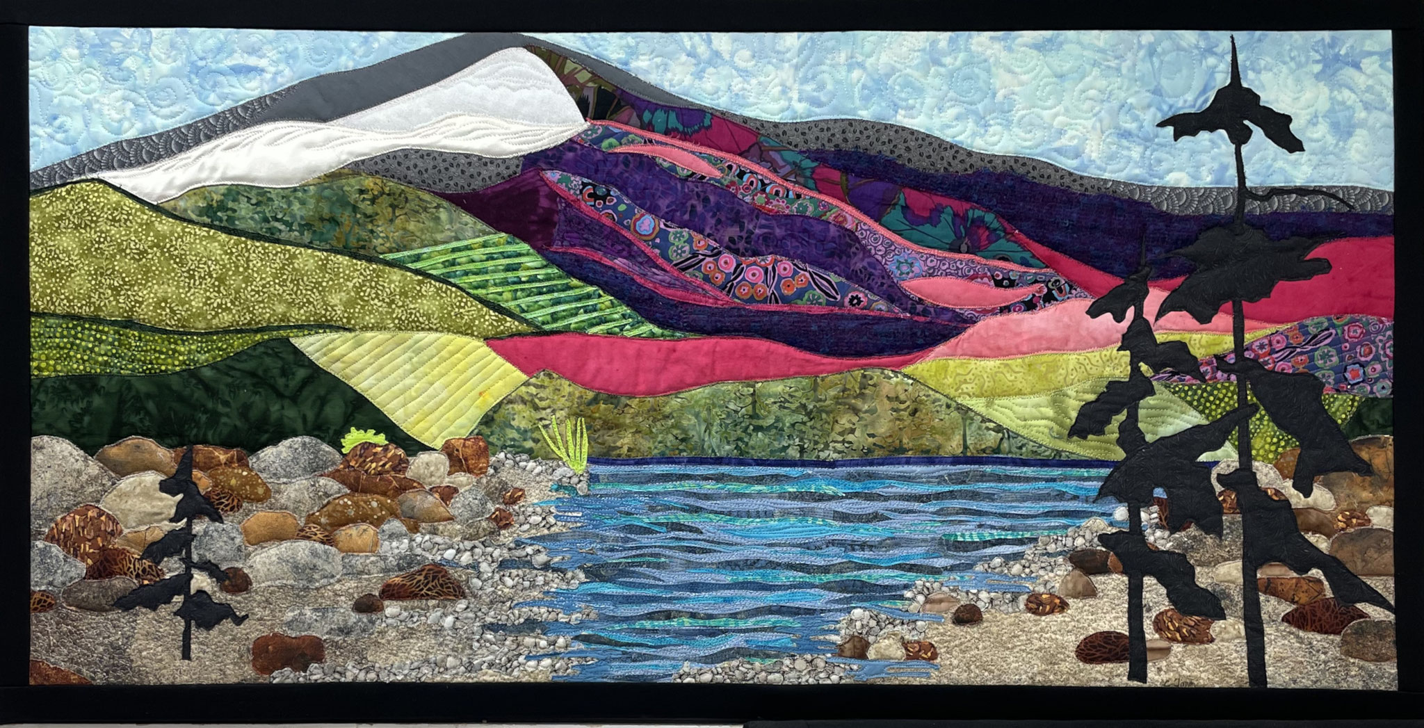SHIMMERING WATER ON A STONEY BEACH 22 x 43 fibre mixed media by Catherine Timm 