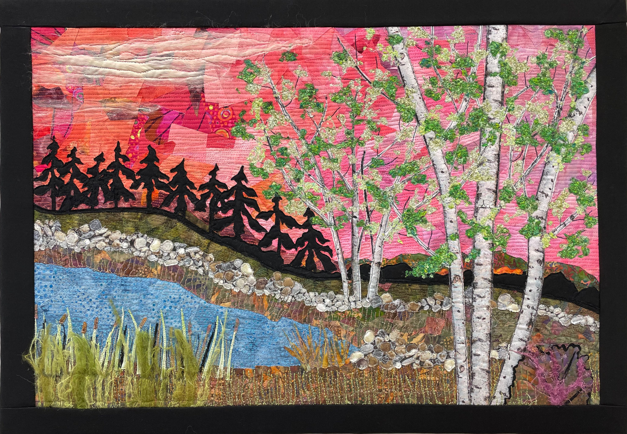 STONE FENCE BY THE LAKE 19 x 27.5 fibre mixed media 