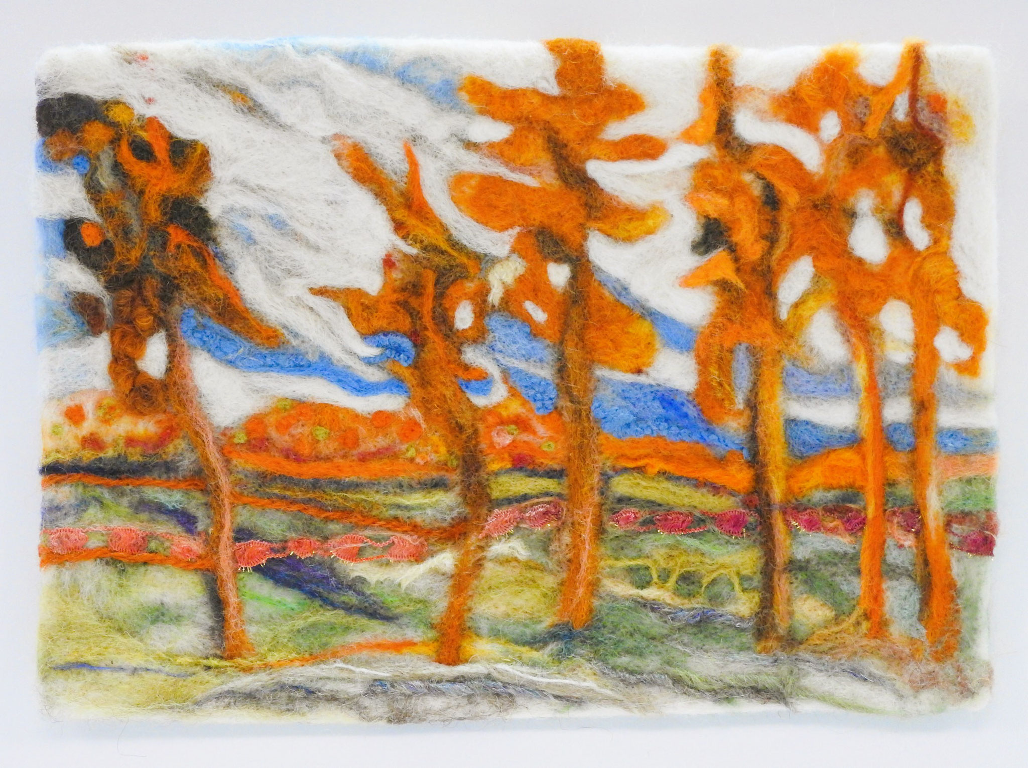 PINES IN THE FALL  11.5 x 13 Needle felting by Brigitte Bere