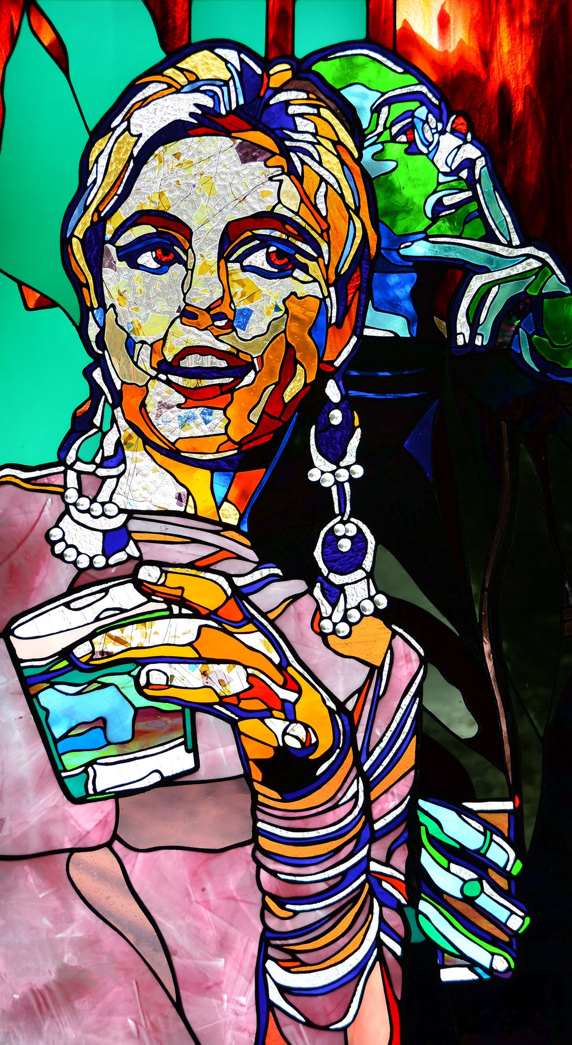 Edie Sedgwick WHERE'S ANDY 24 x 42 inches stained glass, photo by Lloyd Howell