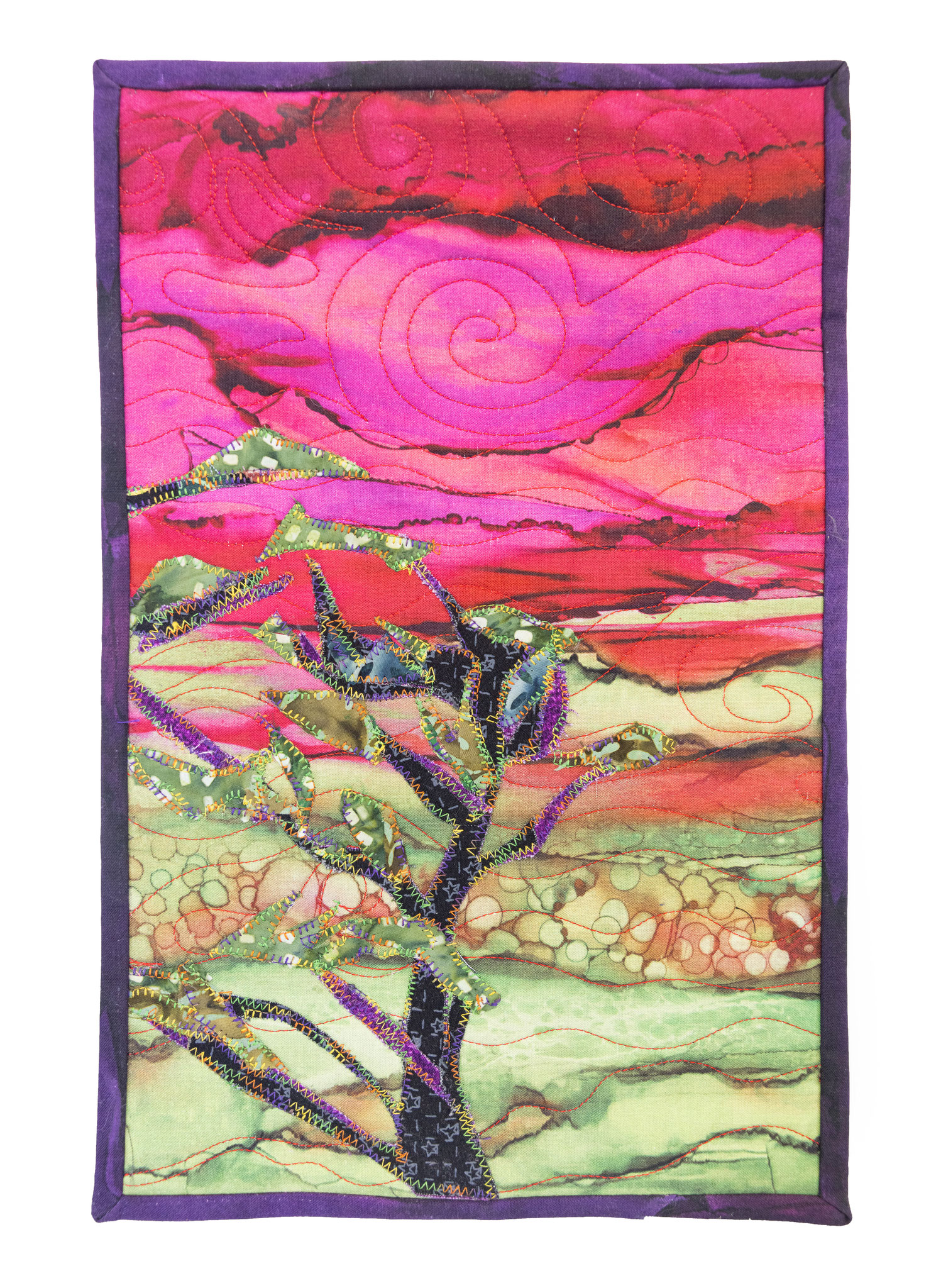 JACK PINE, Sunset on the French River 16.25 x 9.25  Raw Edge Applique Fibre Art by Mary Anderson